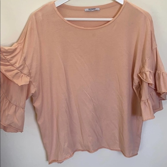 Zara Trafaluc blush Pink Ruffle Sleeve Shirt MED - Picture 7 of 10